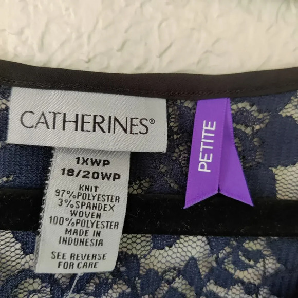 Catherines Floral Lace Sheer Blouse Short Sleeve Navy Boat Neck Sz 18-20W Petite - Picture 5 of 7